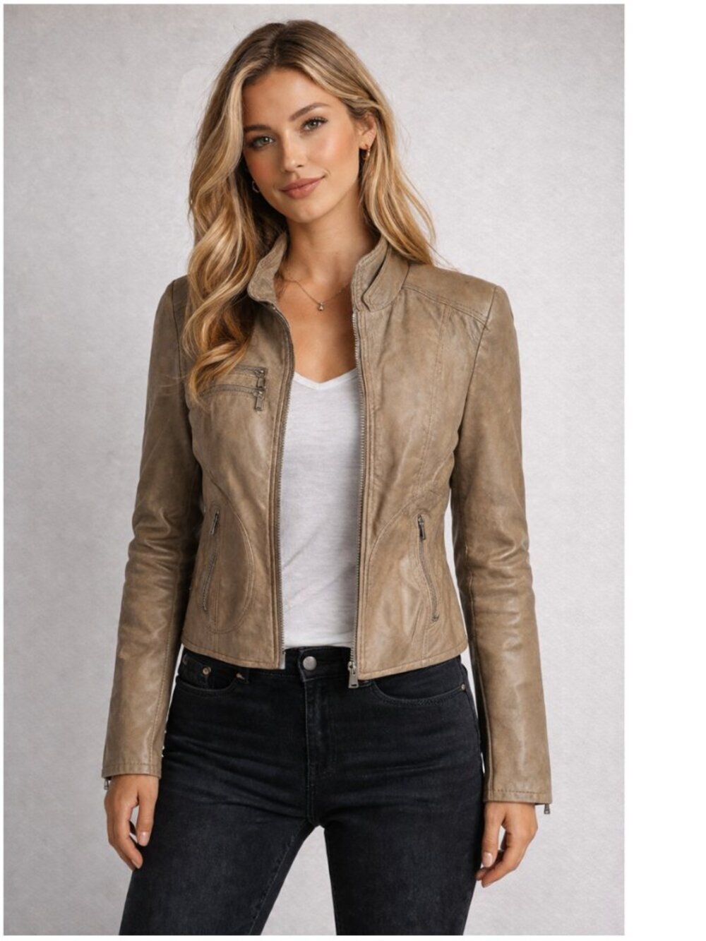 Laundry Leather Moto Jacket Leopard Lining Taupe Retro Medium